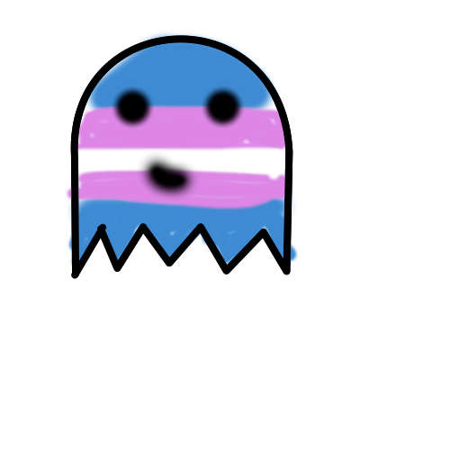 a digitally hand-drawn ghost with the transgender flag overlayed upon it.